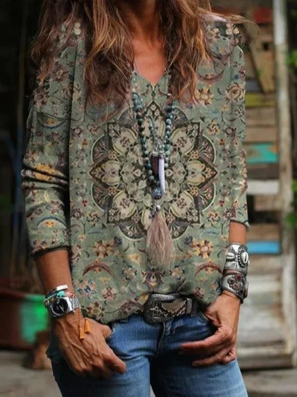 Ethnic V Neck Loose T-Shirt