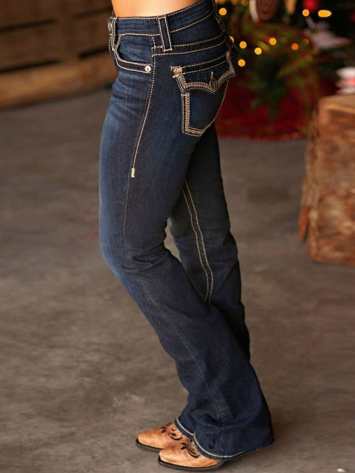 Christmas Plain Casual Denim Loose Jeans