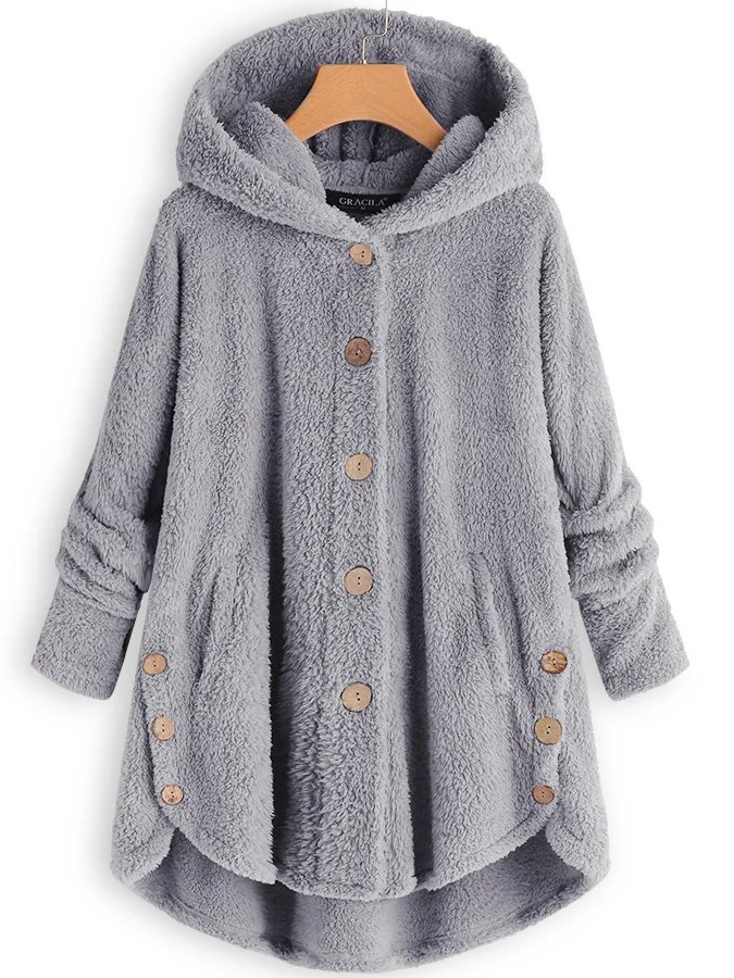 Cozy Long Sleeve Fleece Hooded Fuzzy Asymmetrical Hem Button Teddy Bear Coat