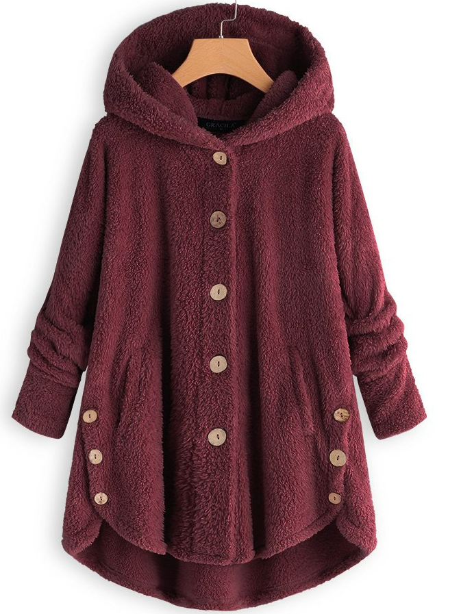 Cozy Long Sleeve Fleece Hooded Fuzzy Asymmetrical Hem Button Teddy Bear Coat