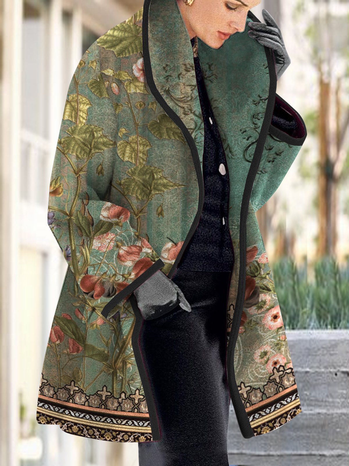 Vintage Flower Lake Lapel Mid Length Wool Coat