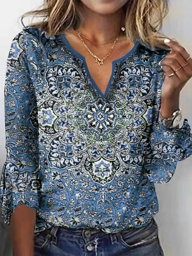 Ethnic Loose V Neck T-Shirt