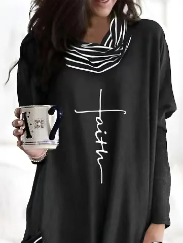 Half Turtleneck Split Joint Casual Batwing Sleeve Text Letters Dress