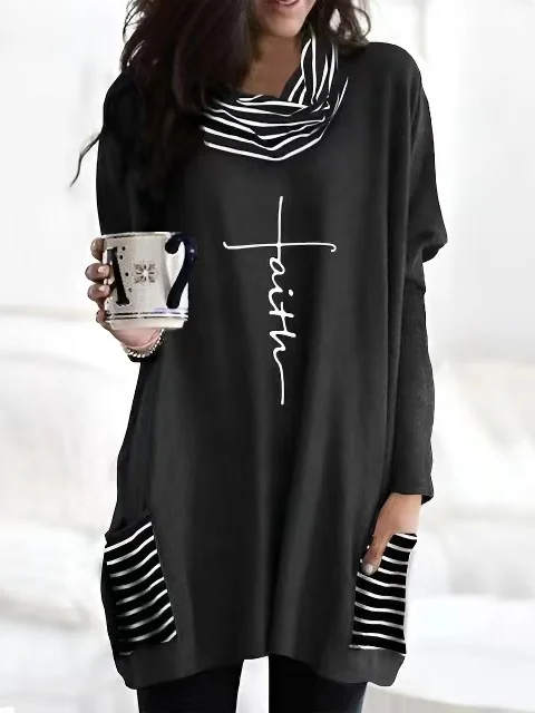 Half Turtleneck Split Joint Casual Batwing Sleeve Text Letters Dress