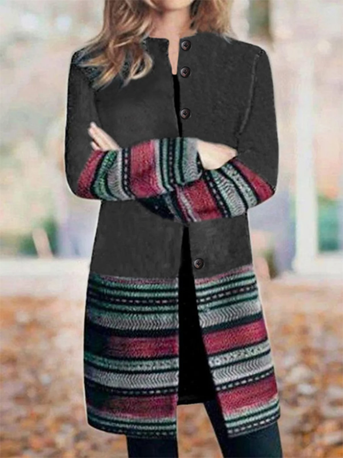 Woolen Ethnic Crew Neck Buttoned Coat