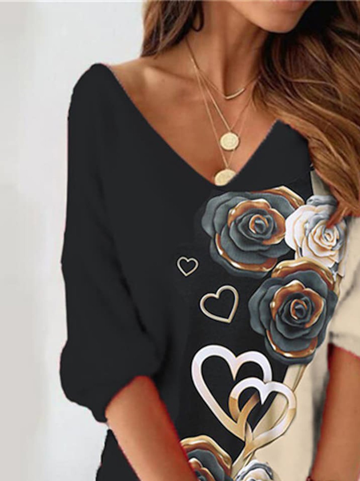 Color Block Casual V Neck Loose Floral Valentine's Day Dress