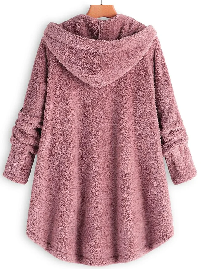 Cozy Long Sleeve Fleece Hooded Fuzzy Asymmetrical Hem Button Teddy Bear Coat