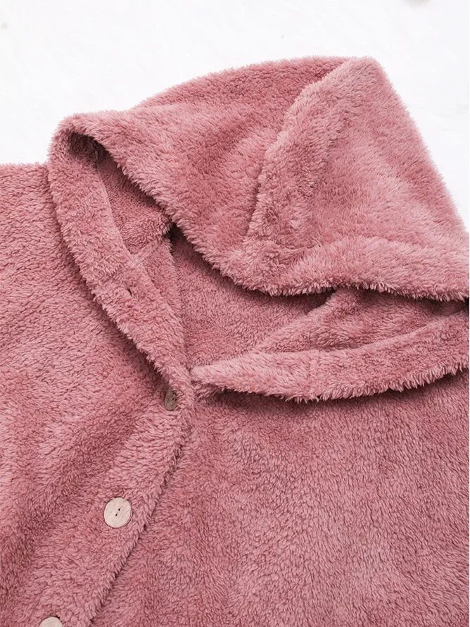 Cozy Long Sleeve Fleece Hooded Fuzzy Asymmetrical Hem Button Teddy Bear Coat