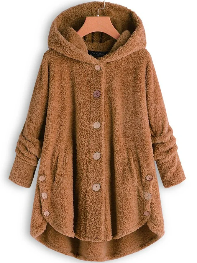 Cozy Long Sleeve Fleece Hooded Fuzzy Asymmetrical Hem Button Teddy Bear Coat