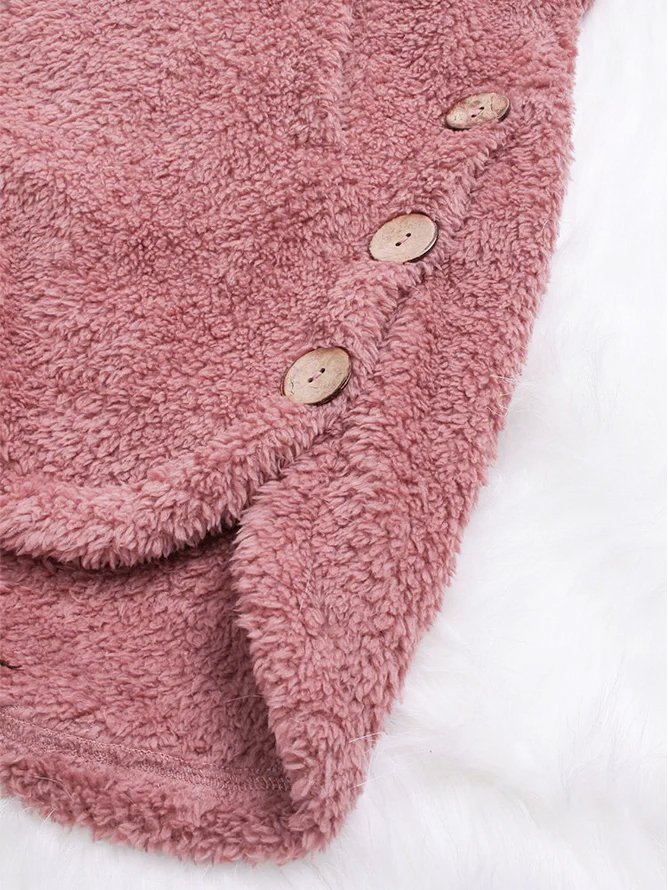 Cozy Long Sleeve Fleece Hooded Fuzzy Asymmetrical Hem Button Teddy Bear Coat