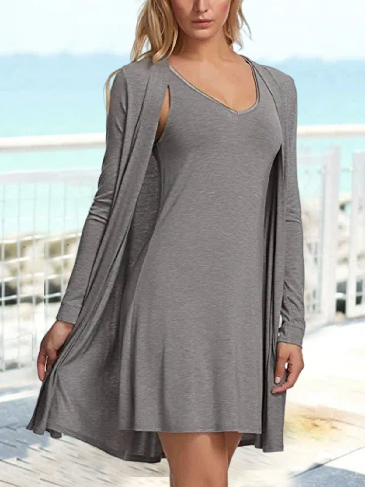 Plain V Neck Casual Loose Two-Piece Set