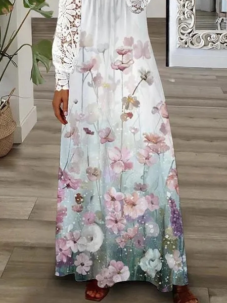 Lace V Neck Loose Floral Casual Dress