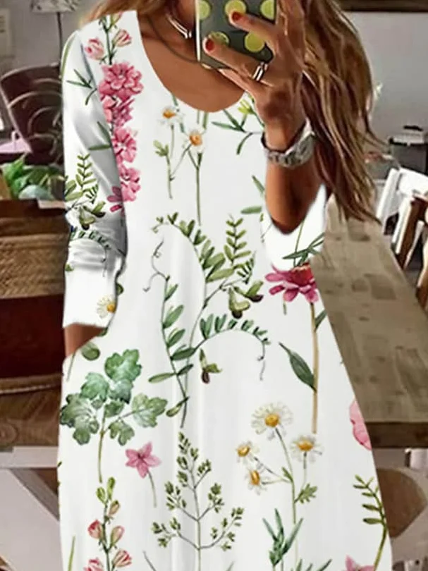 Casual Floral Regular Fit V Neck Dress