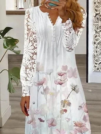 Lace V Neck Loose Floral Casual Dress