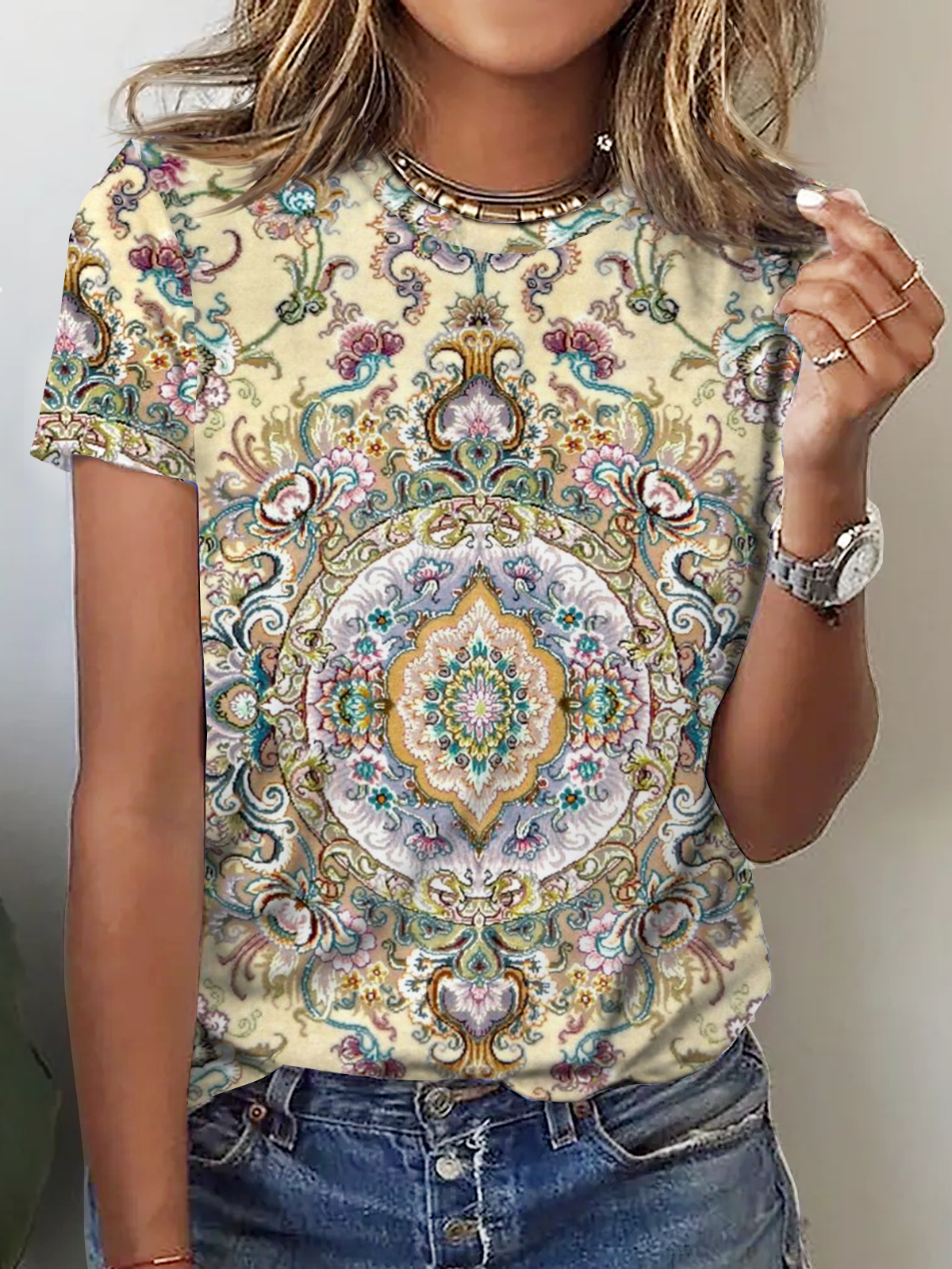 Crew Neck Boho Loose Ethnic T-Shirt