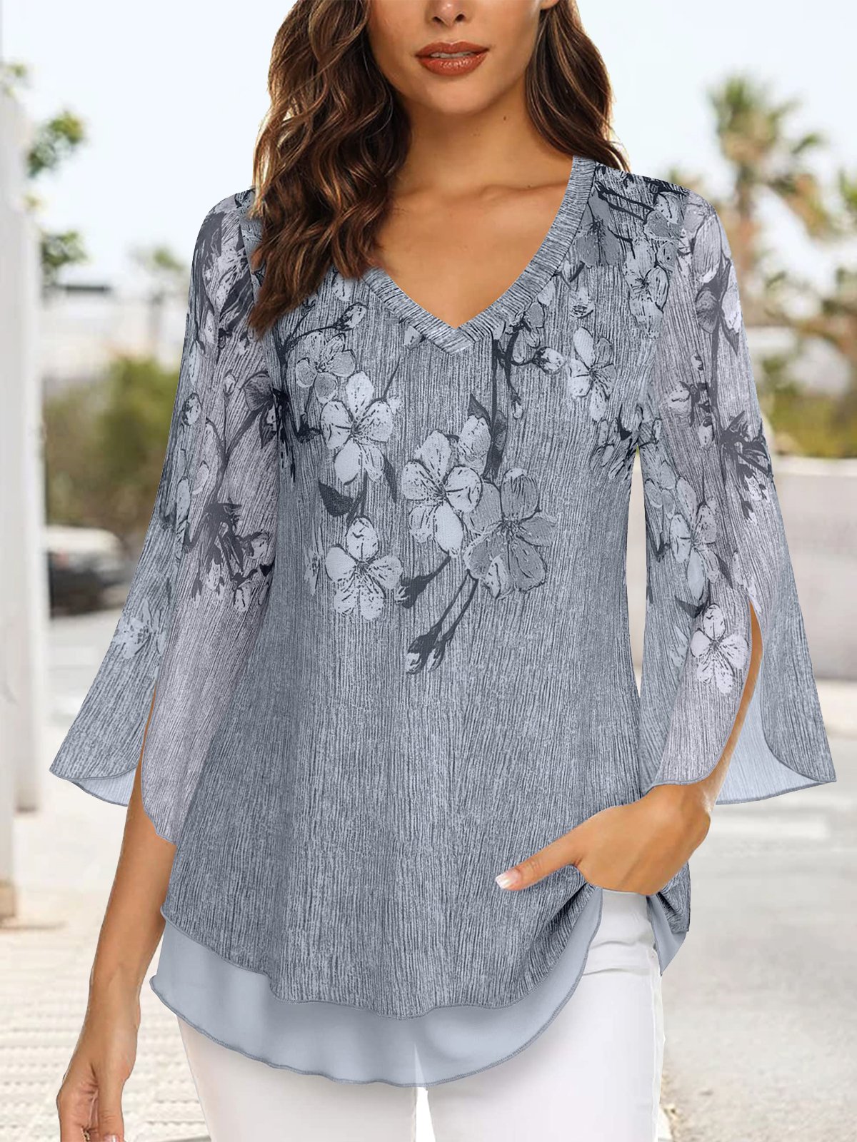 Floral Elegant Loose V Neck Shirt