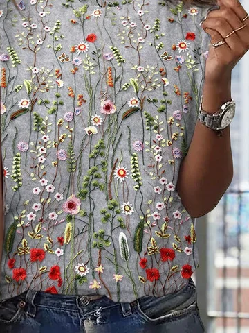 Jersey Floral Printed Casual Crew Neck T-Shirt