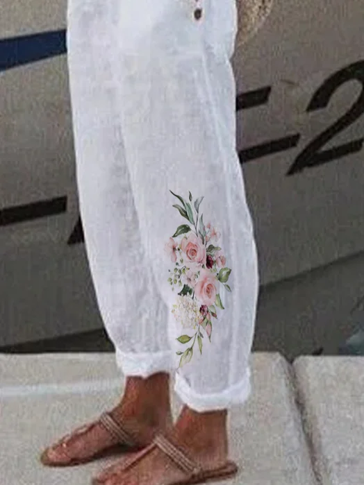 Boho Linen Loose Floral Casual Pants