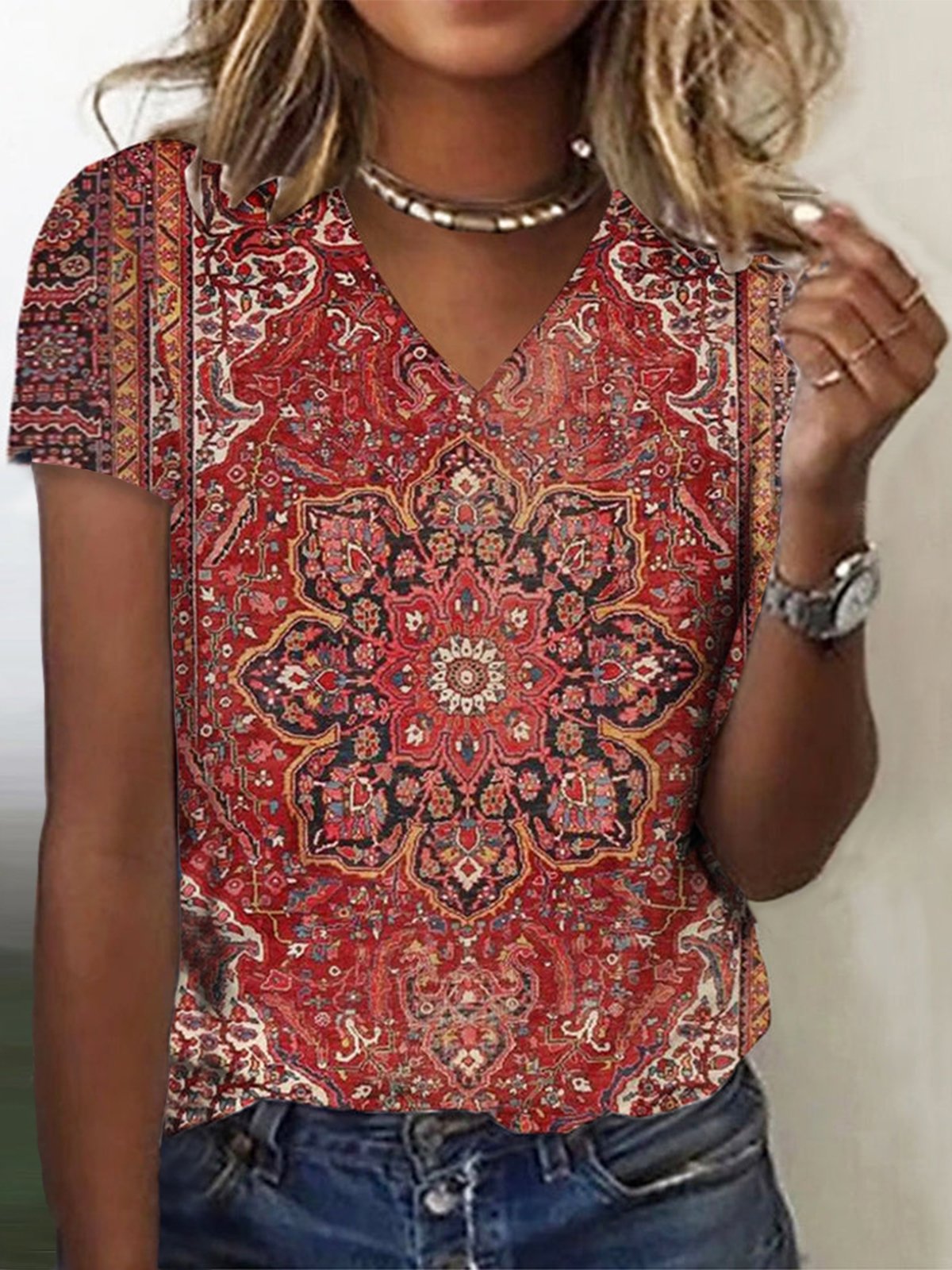 Ethnic Casual V Neck Regular Fit T-Shirt