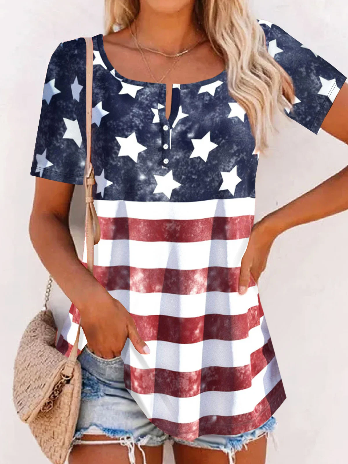 America Flag Printed Buckle Casual Jersey Tunic T-Shirt