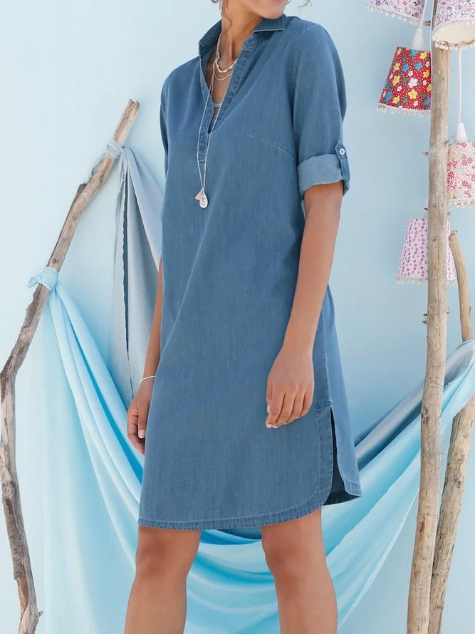 Denim Regular Fit Casual Shawl Collar Dress