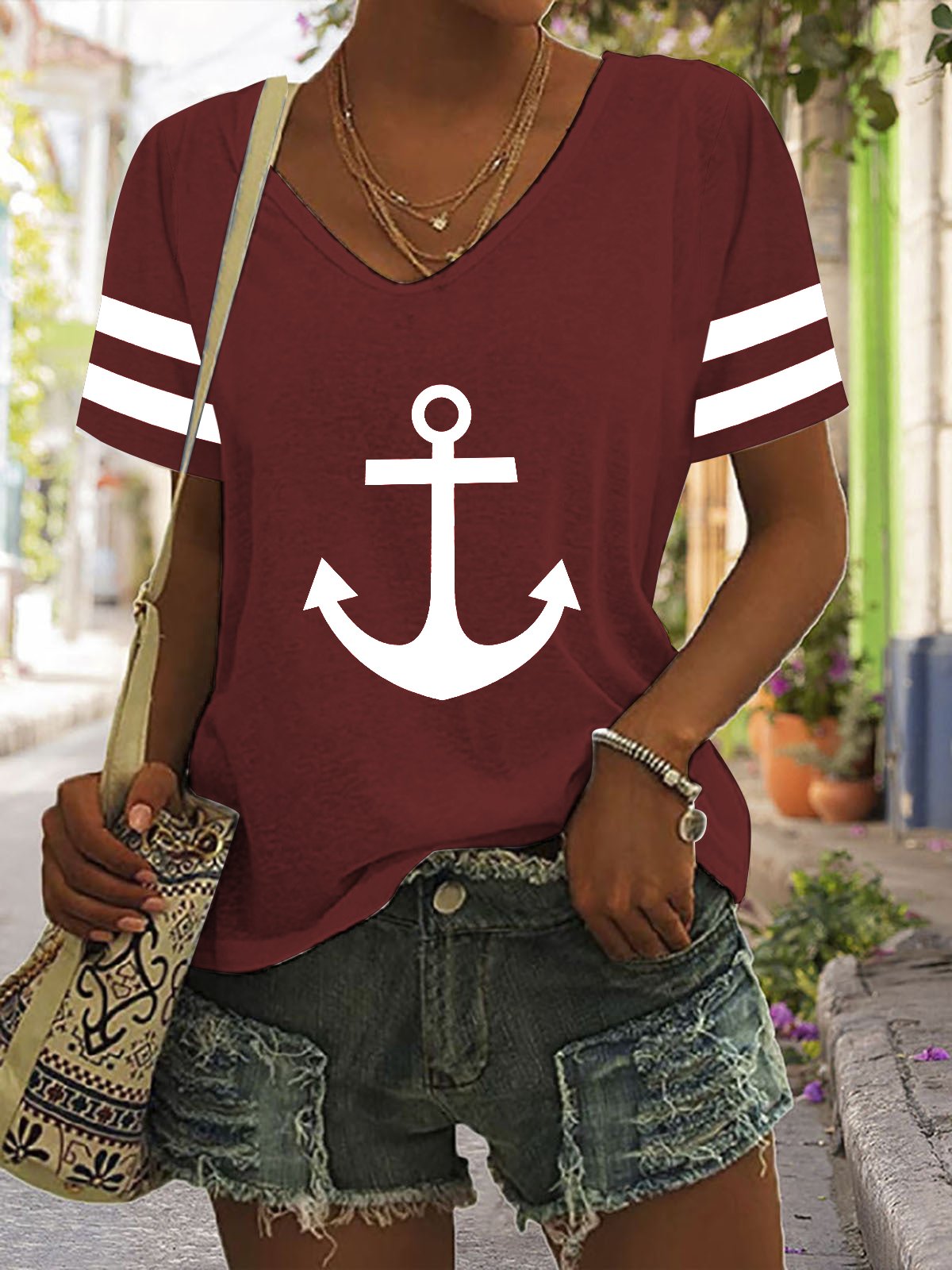 Sea Casual V Neck Anchor T-Shirt