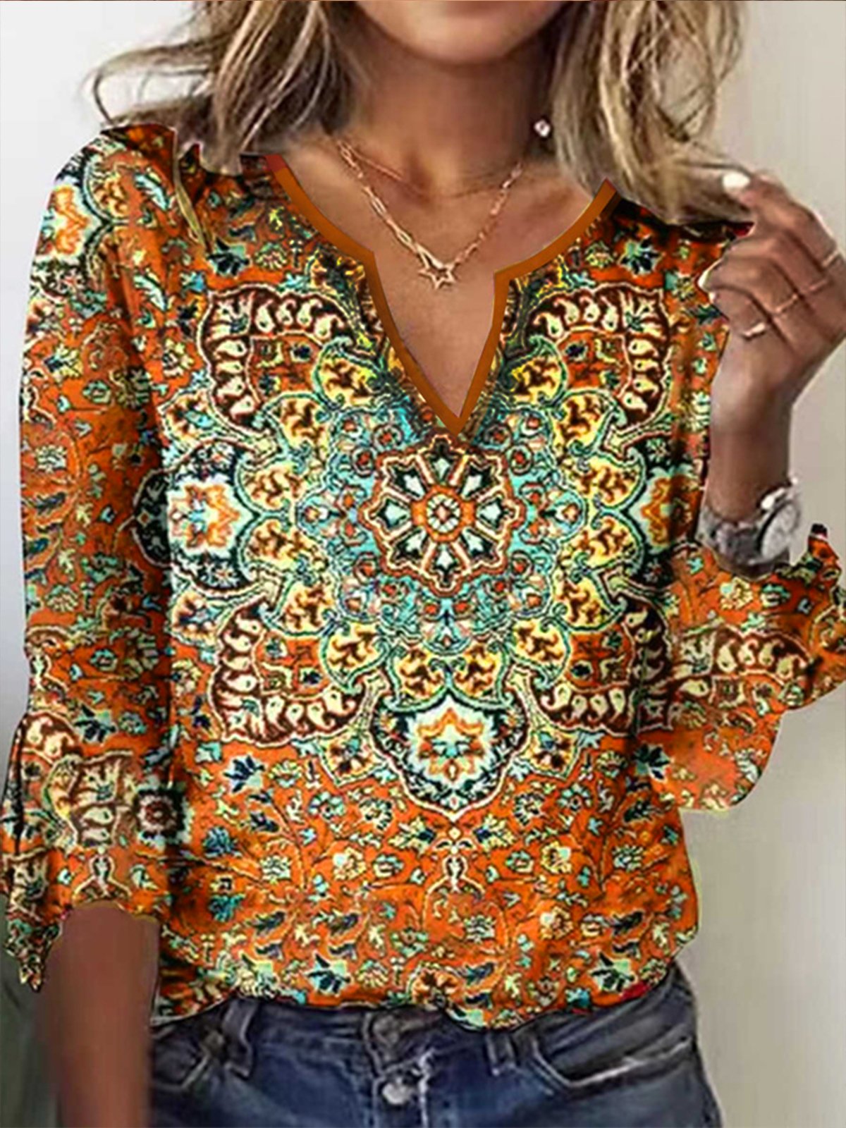 Ethnic Loose V Neck T-Shirt