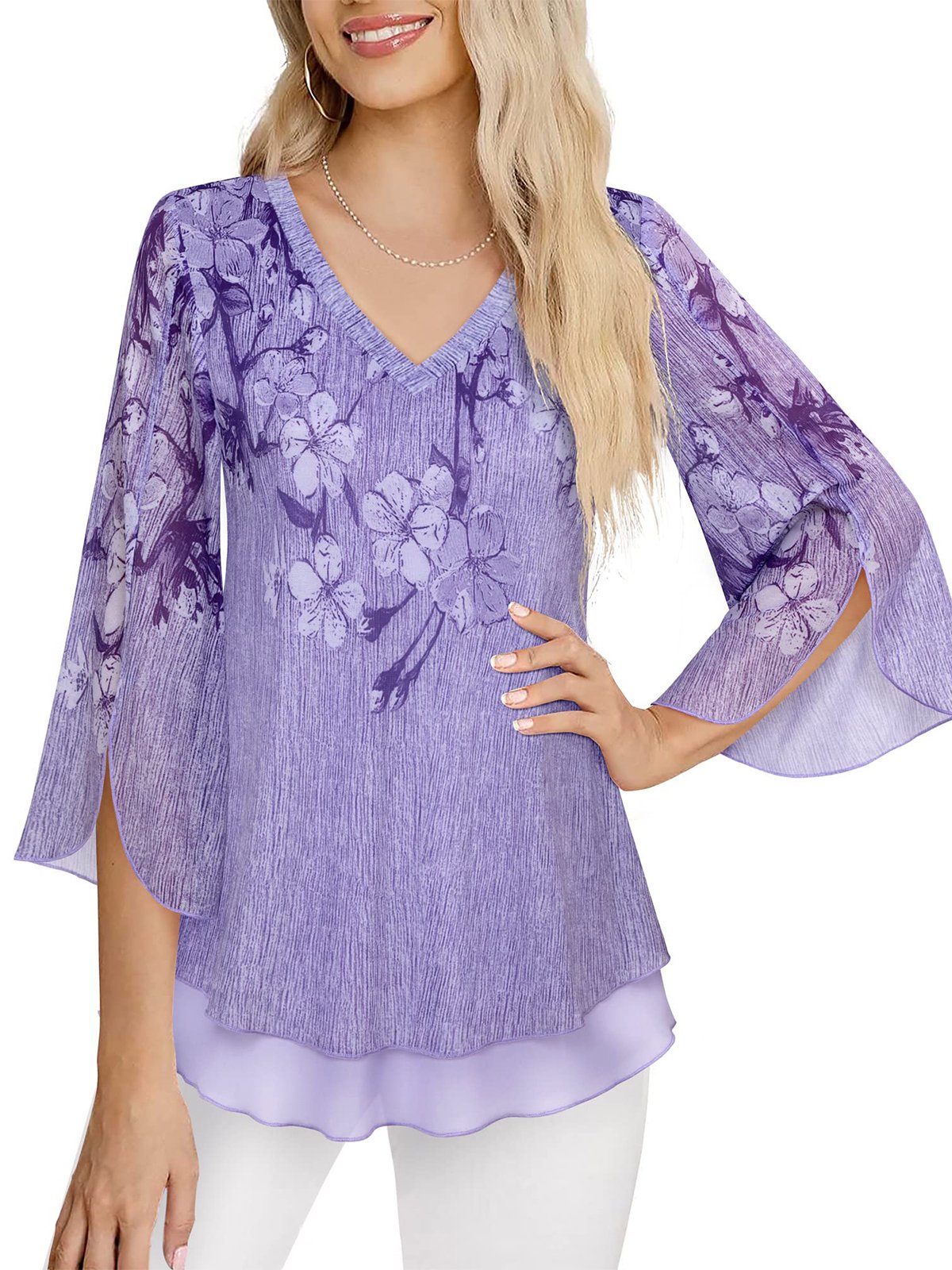 Floral Elegant Loose V Neck Shirt