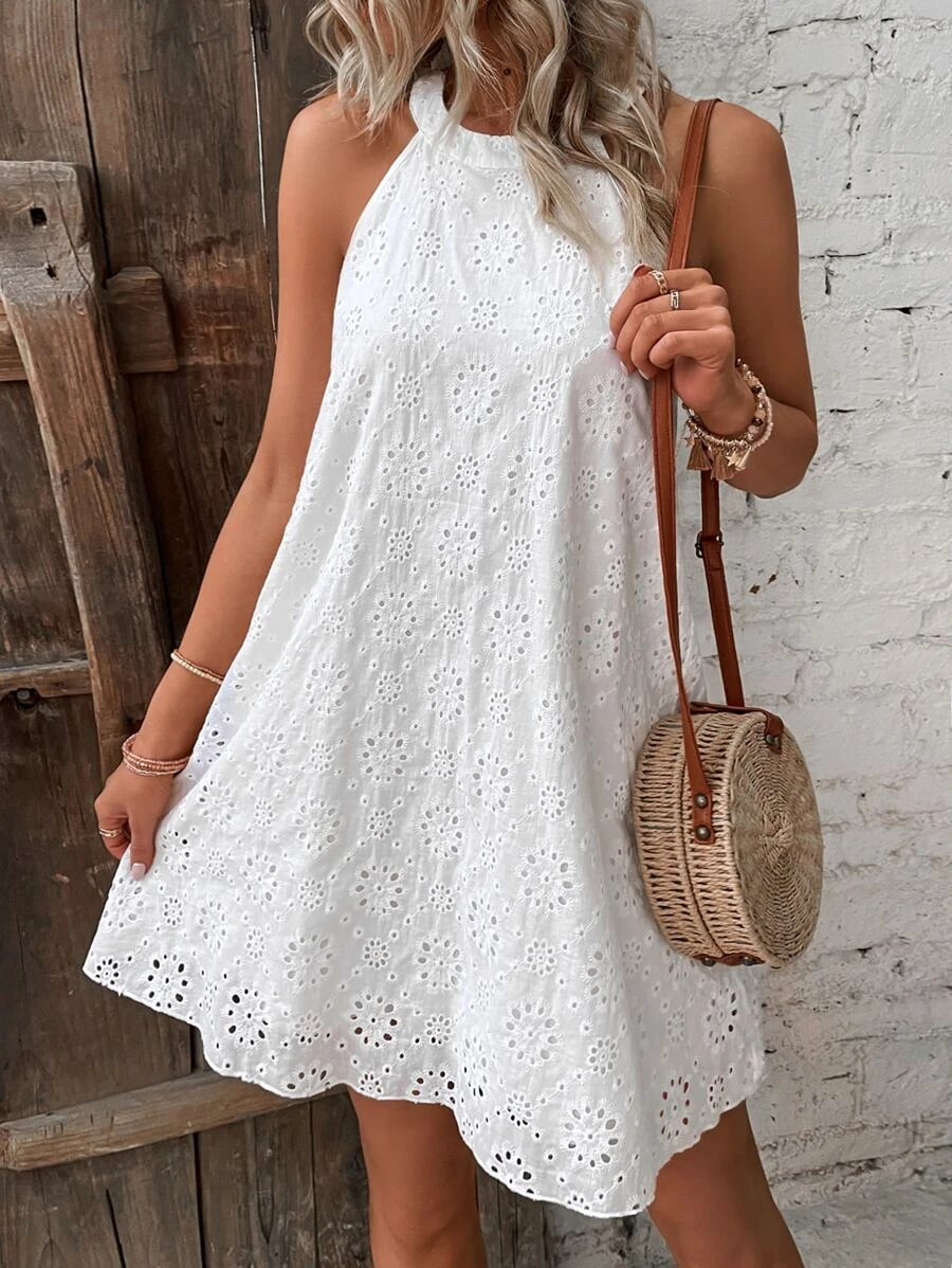 Eyelet Embroidery Keyhole Back Halter Neck Tunic  Dress