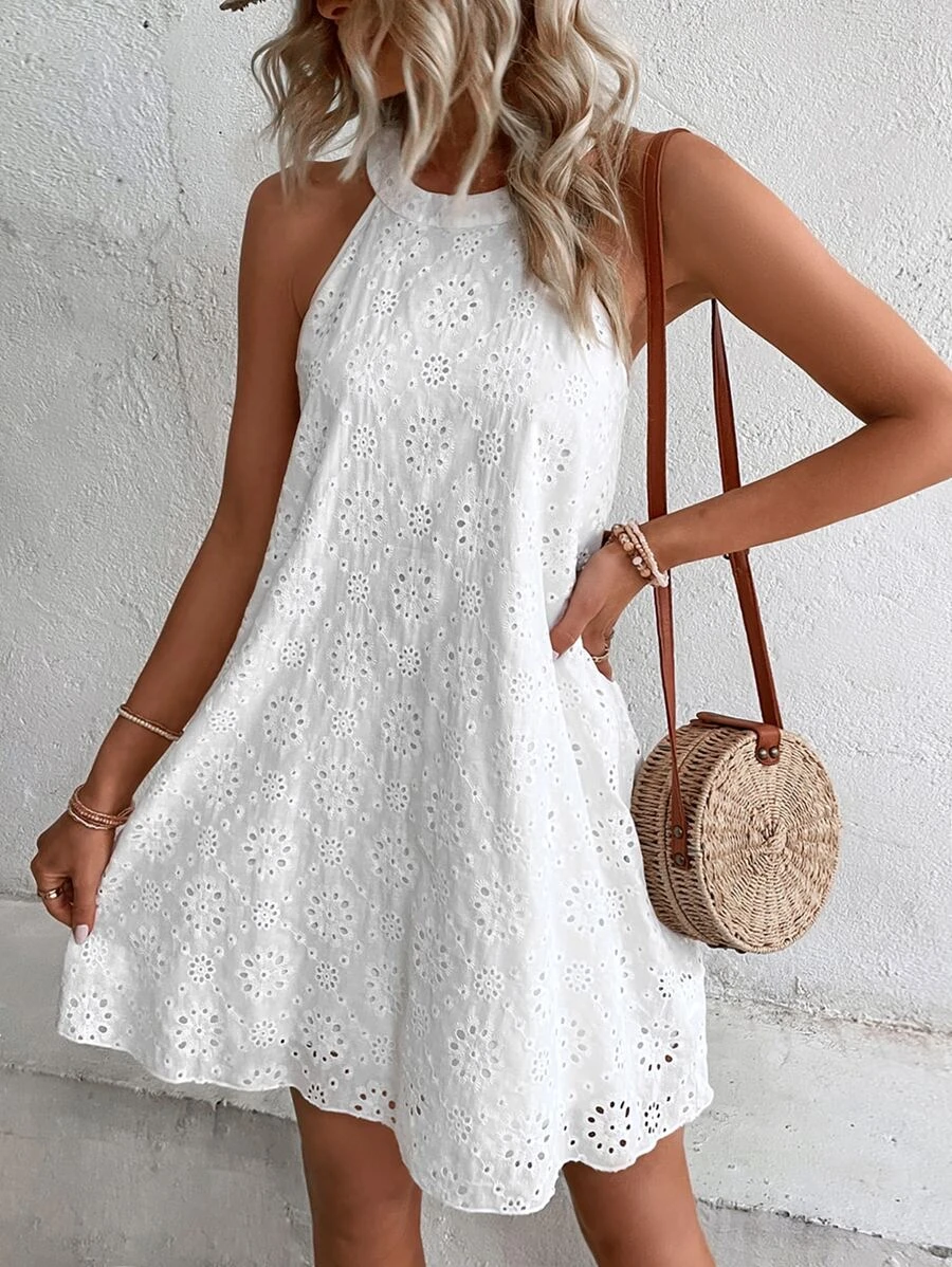 Eyelet Embroidery Keyhole Back Halter Neck Tunic  Dress