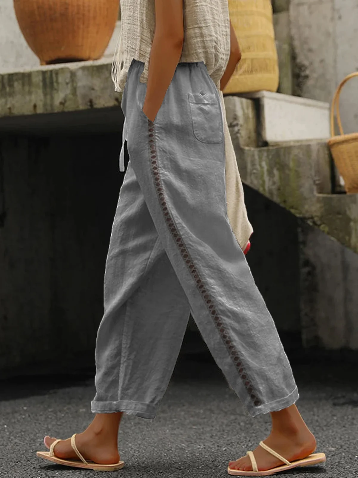 Loose Casual Drawstring Plain Pants