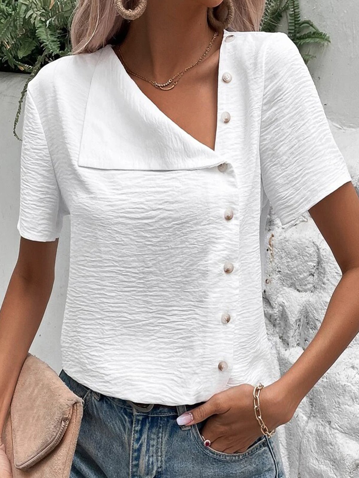 Plain Short Sleeve Buckle Casual Blouse