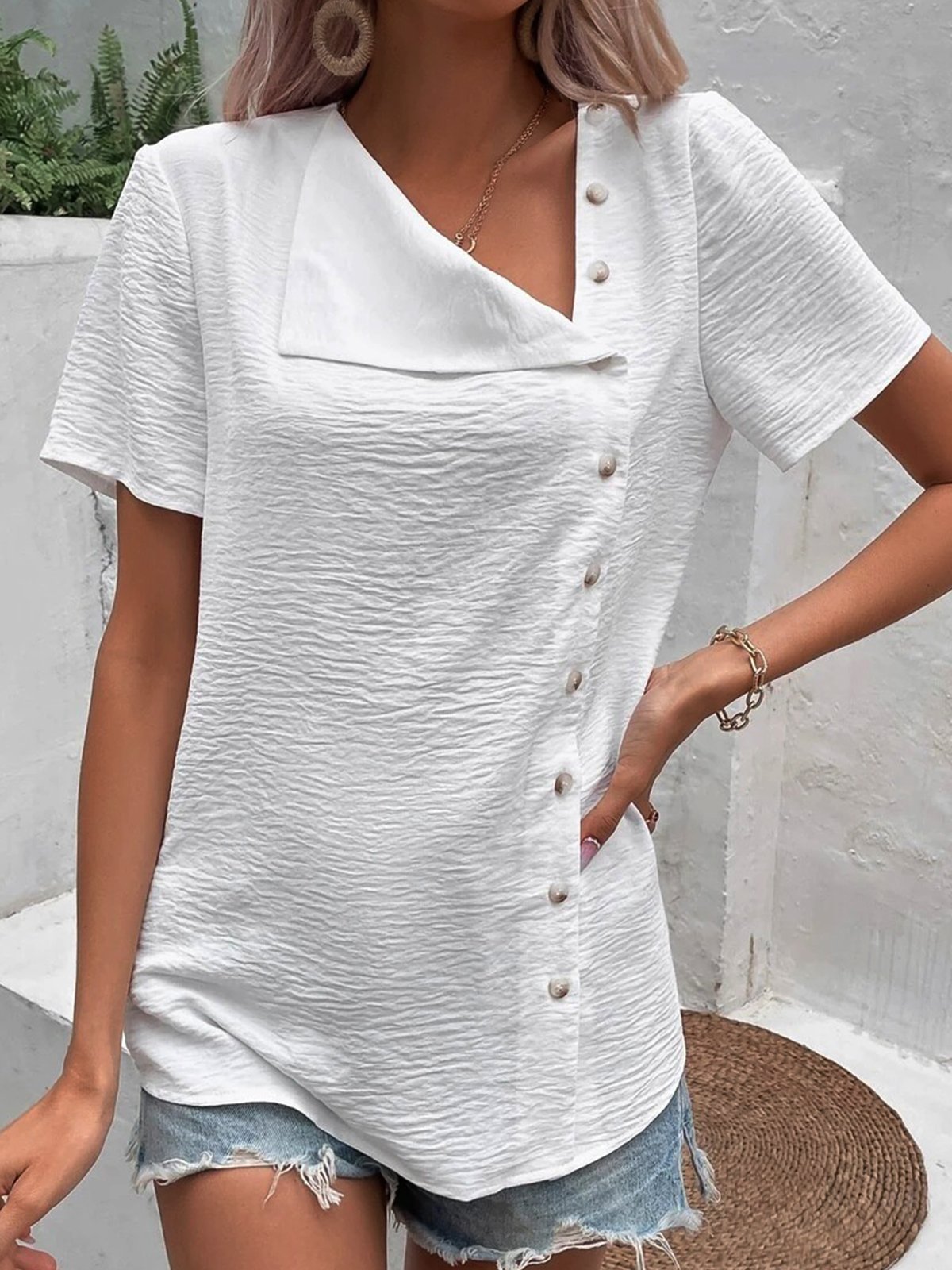 Plain Short Sleeve Buckle Casual Blouse