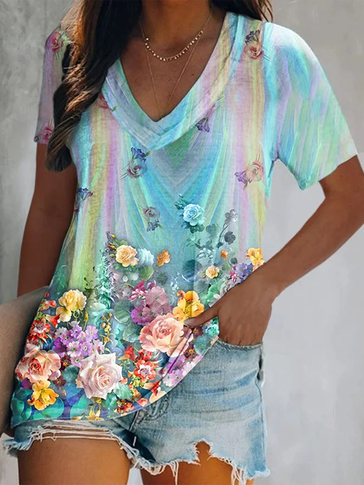 Rainbow Floral Printed Women's T-shirt