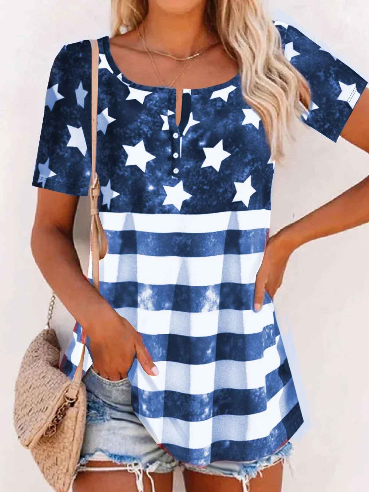 America Flag Printed Buckle Casual Jersey Tunic T-Shirt