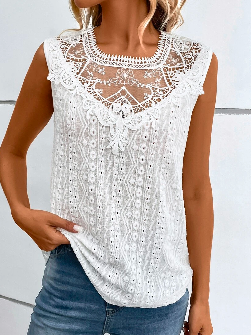 Loose Boho Guipure Lace Insert Keyhole Back Tank Top