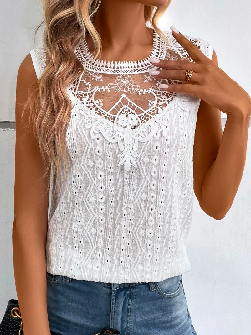 Loose Boho Guipure Lace Insert Keyhole Back Tank Top