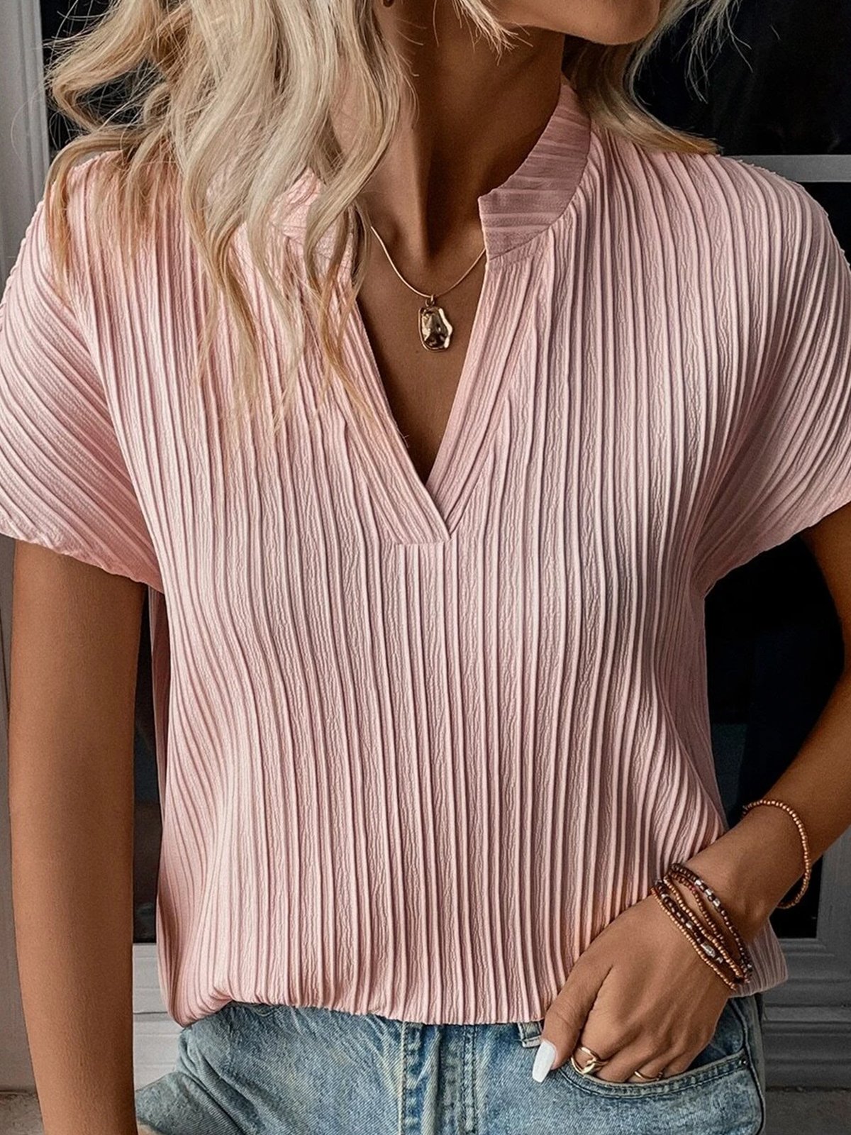 Loose Casual V Neck Plain Shirt