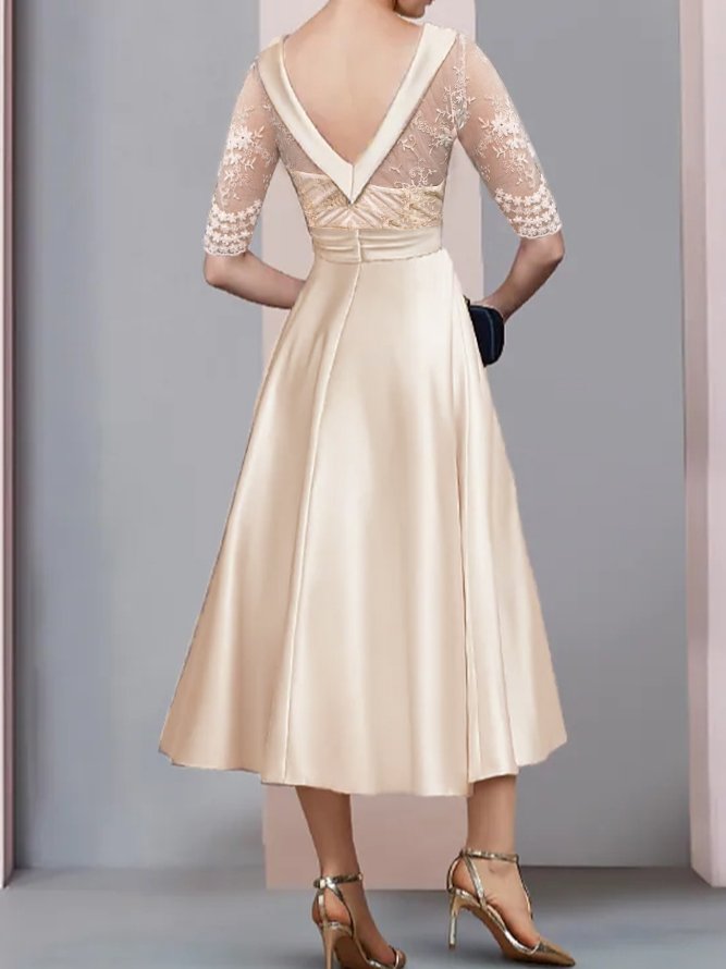 Boat Neck Satin Lace Elegant Dress