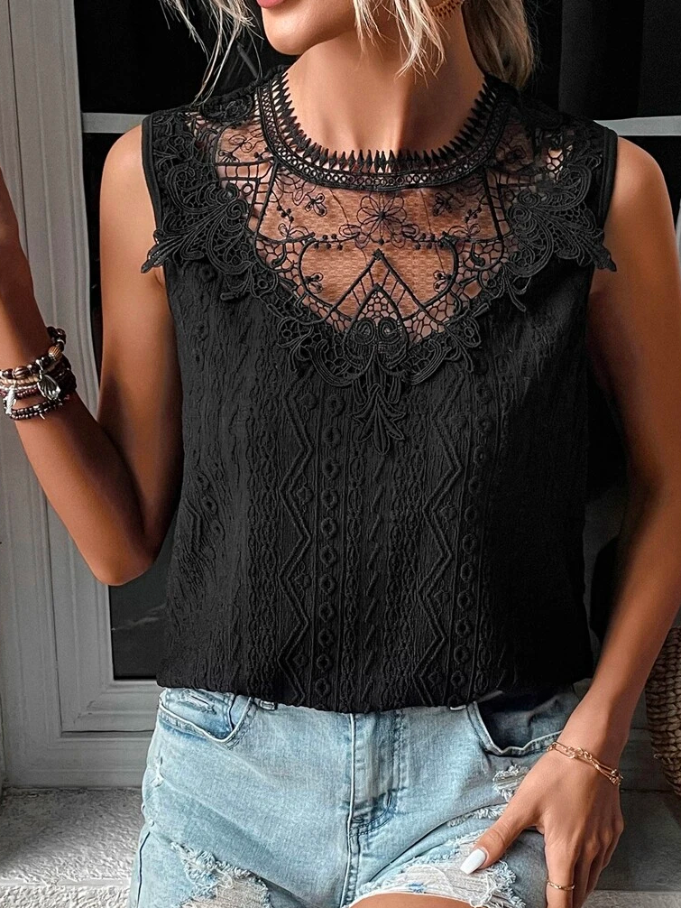 Loose Boho Guipure Lace Insert Keyhole Back Tank Top