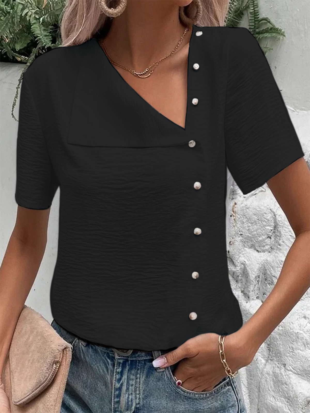 Plain Short Sleeve Buckle Casual Blouse