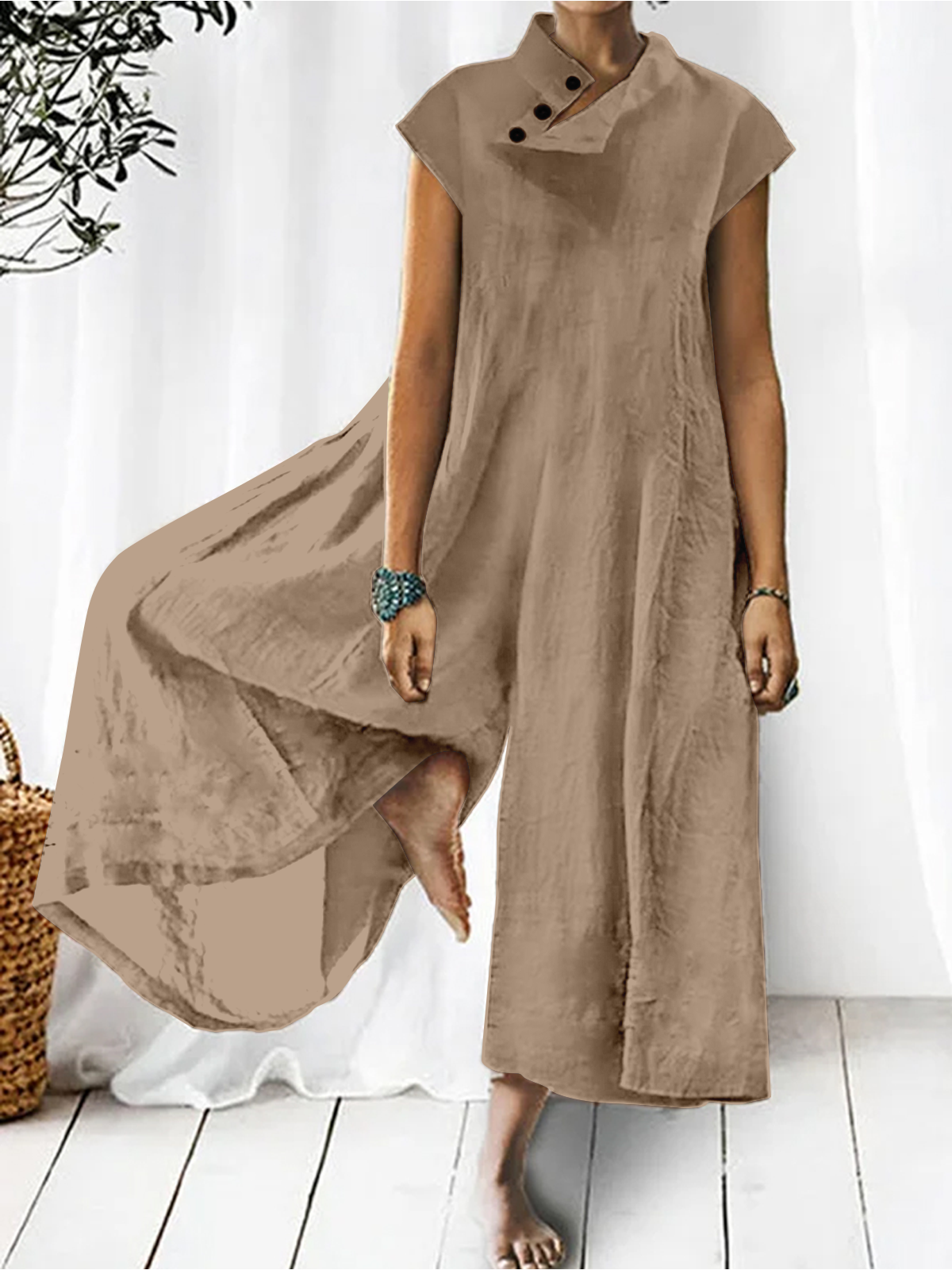 Women's Solid Color Half High Neck Cotton Linen Jumpsuit