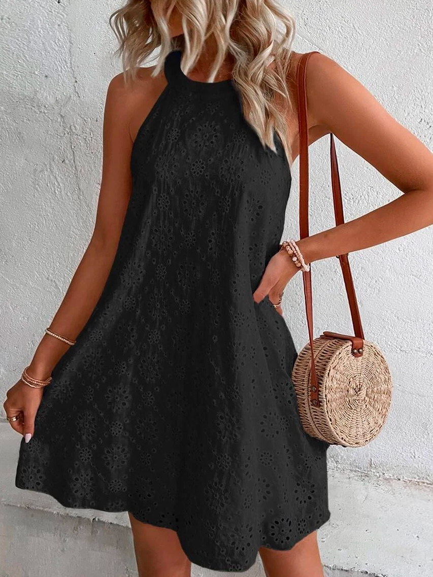 Eyelet Embroidery Keyhole Back Halter Neck Tunic  Dress