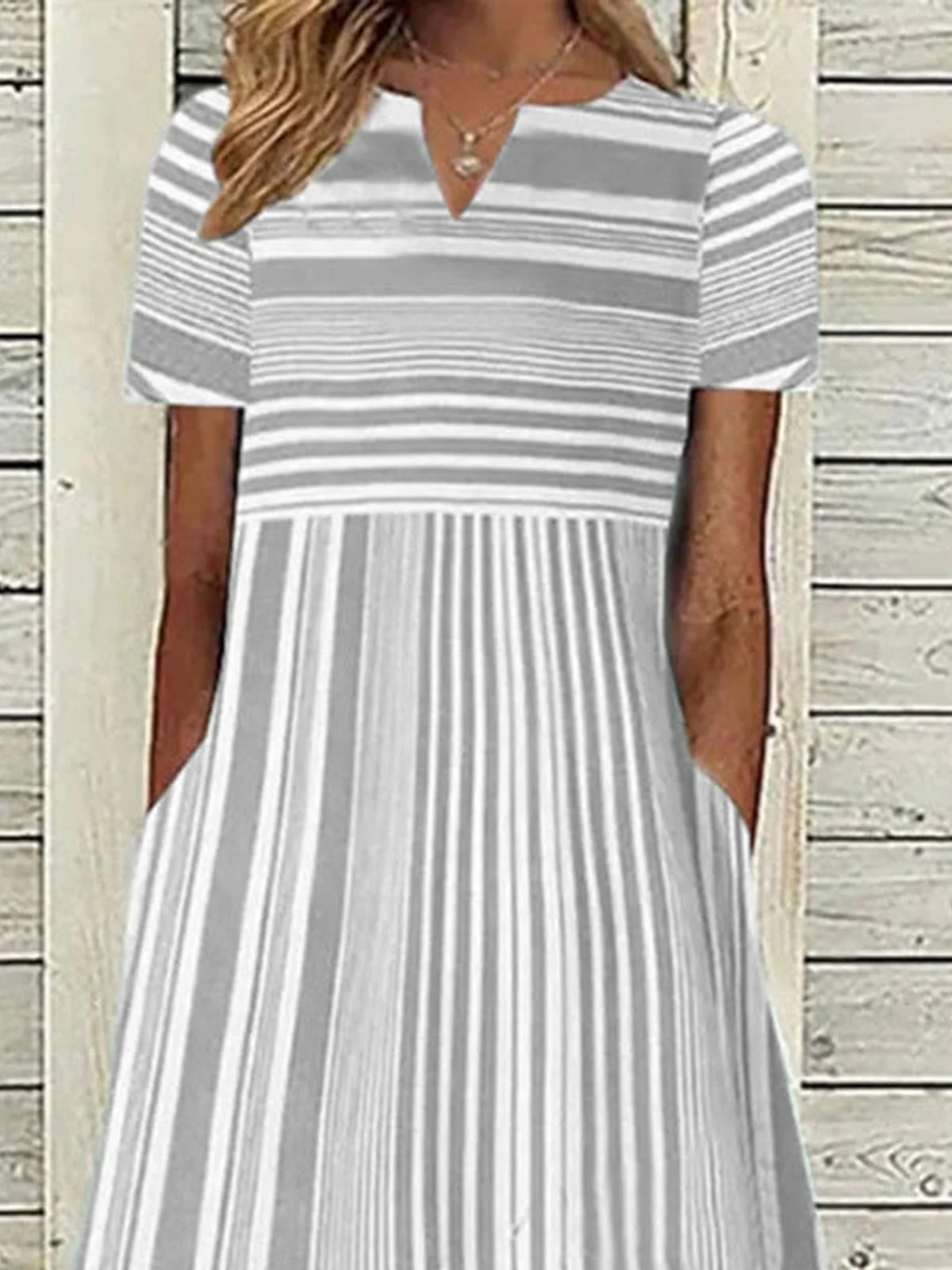 Women Short Sleeve Maxi Dress V-neck Striped Dress