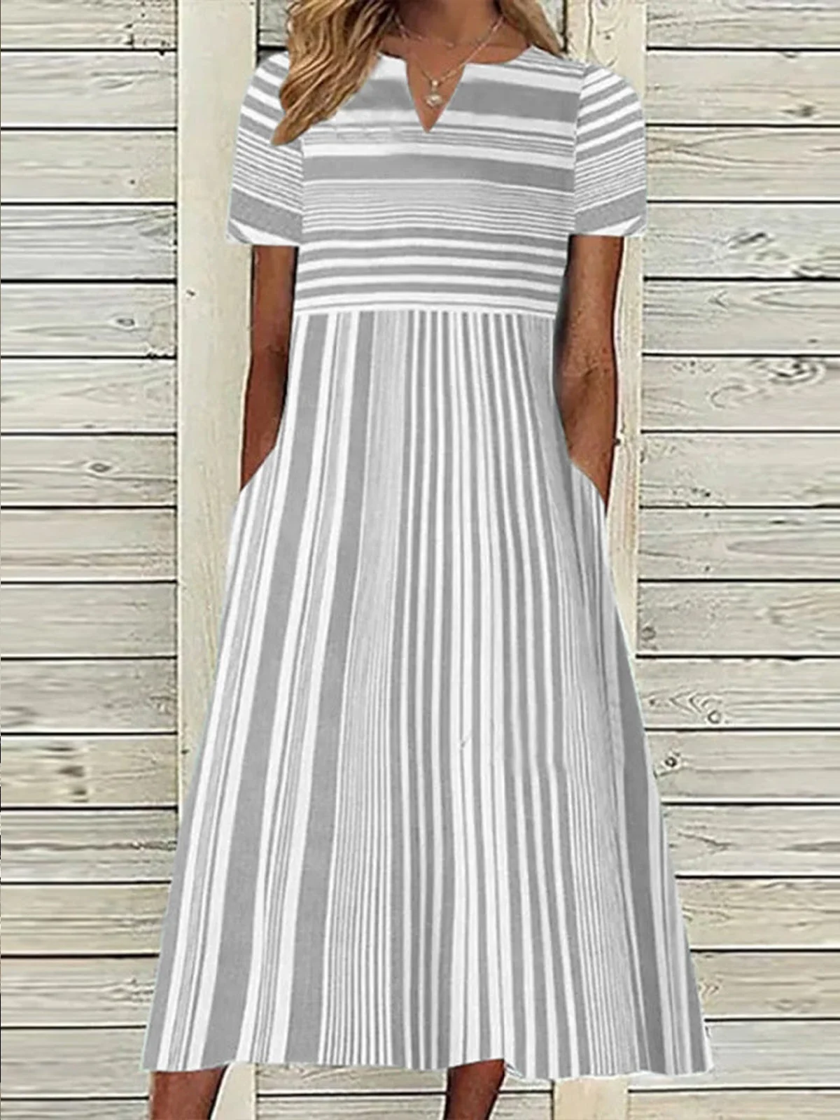 Women Short Sleeve Maxi Dress V-neck Striped Dress