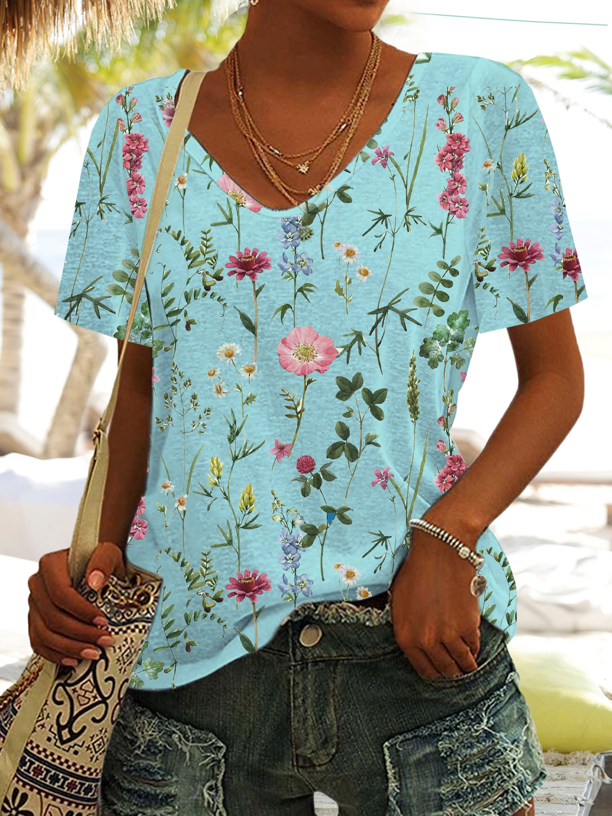 V Neck Floral Vacation T-Shirt