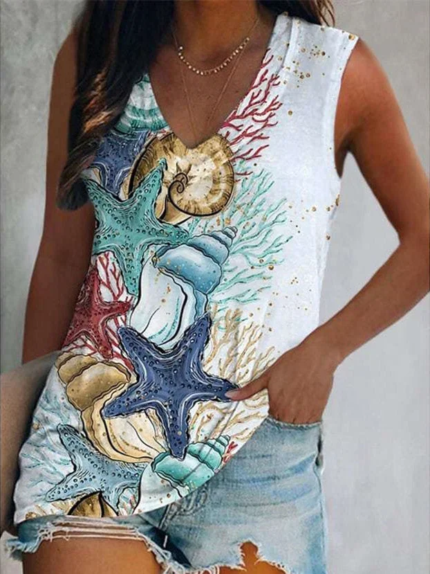 Loose Casual Marine Life V Neck Tank Top