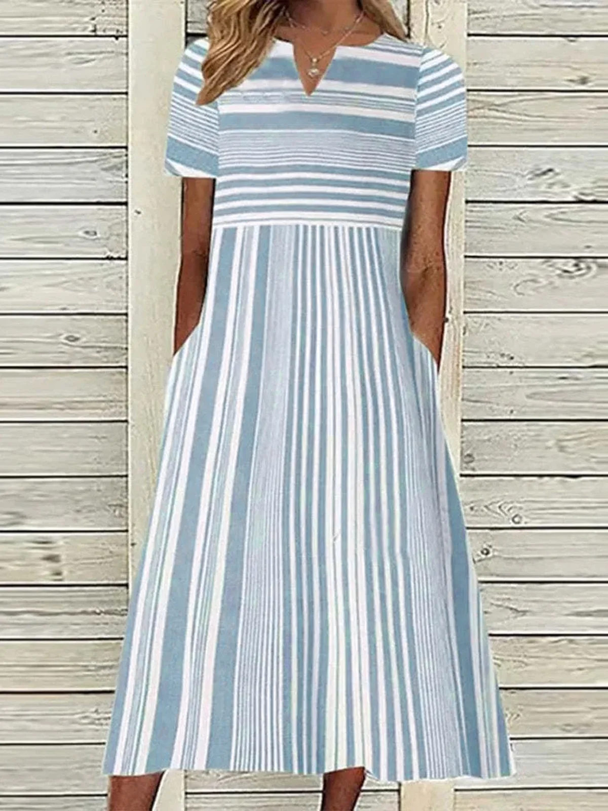 Women Short Sleeve Maxi Dress V-neck Striped Dress