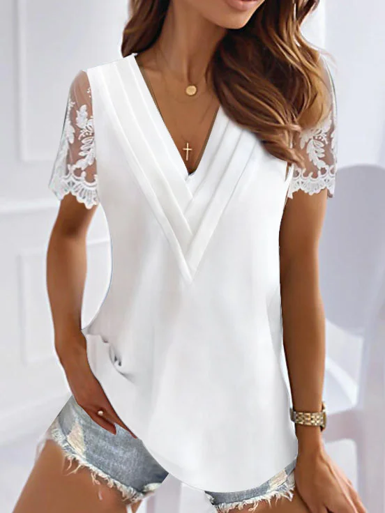 Summer Plain Lace Stitching V-Neck Top