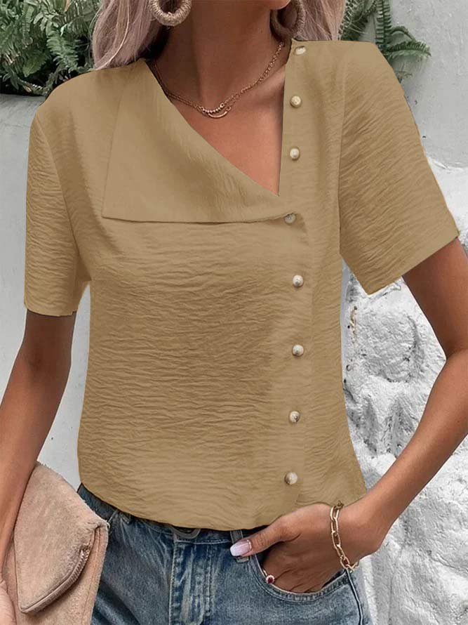 Plain Short Sleeve Buckle Casual Blouse